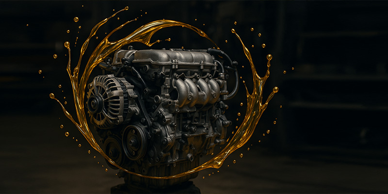 Engine surrounded by splash of golden oil