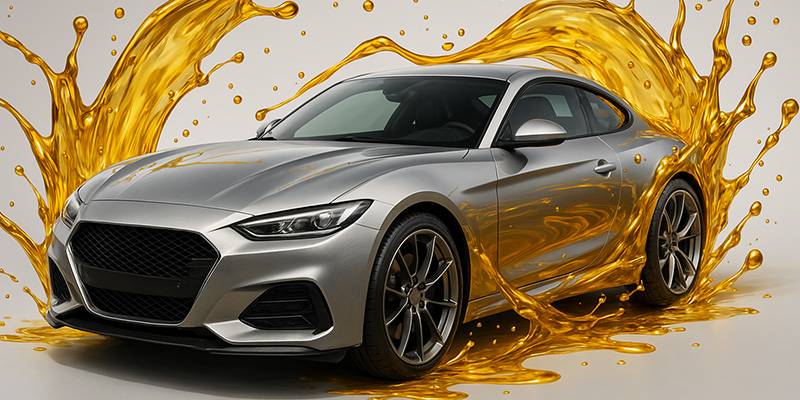 Sports car splashing through golden oil