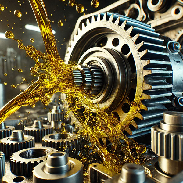 Mechanical gears coated in golden lubricant flow
