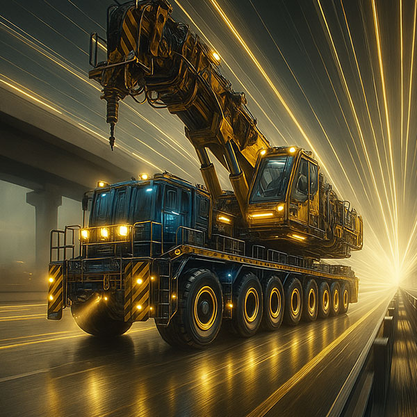 Industrial crane vehicle in a light tunnel