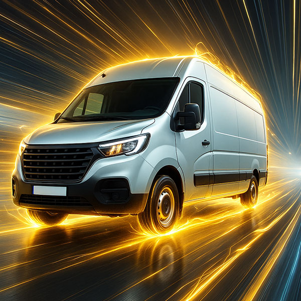 Glowing van driving fast through light tunnel